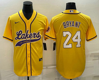 Mens Los Angeles Lakers #24 Kobe Bryant Yellow With Patch Cool Base Stitched Baseball Jersey->->NBA Jersey